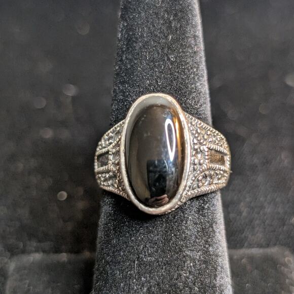VTG NF 925 Thailand Sterling Beaded Black Oval Bezel Set Onyx Ring Sz 7.25 - Picture 1 of 6